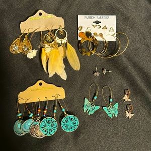 Earring Bundle 15 pairs Butterflly Feather  HoopTurquoise, Gold and Cream Colors